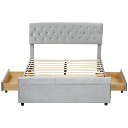 Full Bed Frame with Headboard, Double Bed Frame with 2 Drawers, No Box Spring Needed, Easy Assembly, Light Grey