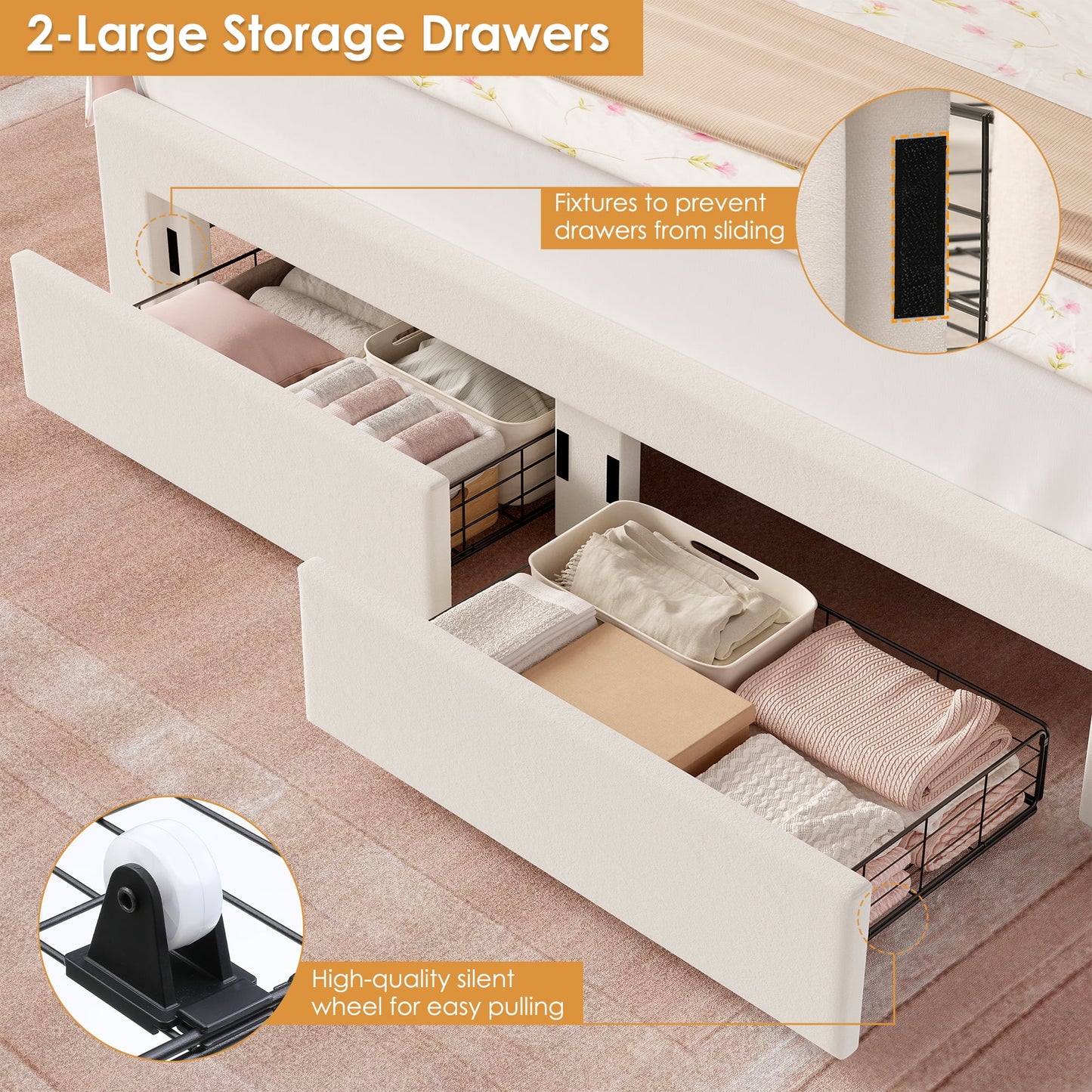 Queen Size LED Bed Frame with Drawer, Velvet Crystal Button Upholstered Platform Bed Frame with Outlets and USB Ports & Display Platform, No Box Spring Needed, Beige
