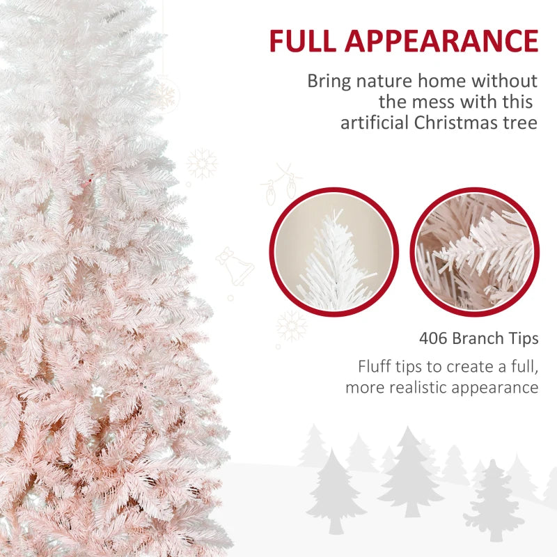 6ft Pencil Artificial Christmas Tree with Pine Realistic Branches, Auto Open, Pink and White