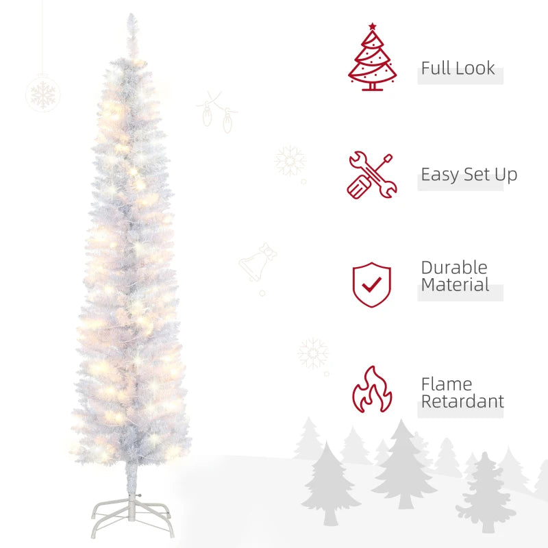 6ft Tall Prelit Pencil Artificial Christmas Tree, Holiday Décor with 395 Realistic Branches, 100 LED Lights, Foldable Metal Base, White