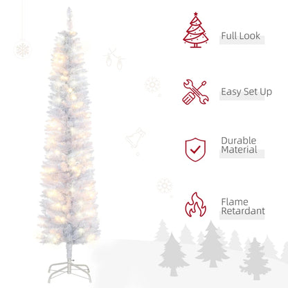 6ft Tall Prelit Pencil Artificial Christmas Tree, Holiday Décor with 395 Realistic Branches, 100 LED Lights, Foldable Metal Base, White