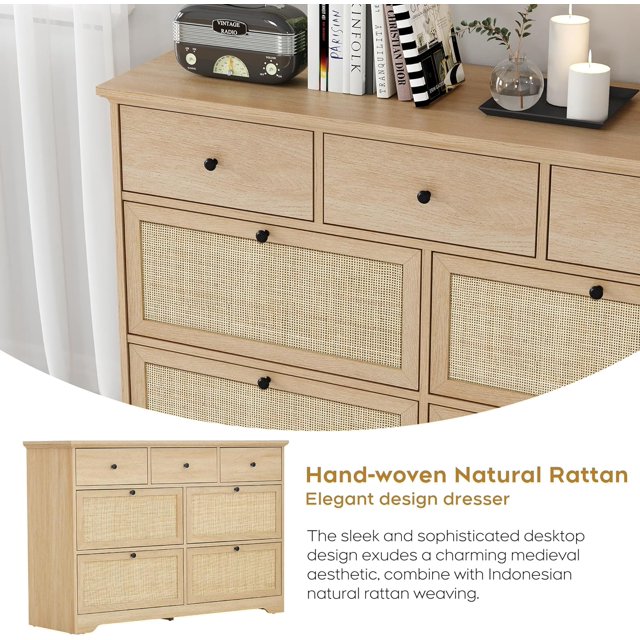 7 Drawer Rattan Dresser for Bedroom, 47" Boho Wide Chest of Drawers with Natural Hand-Woven Rattan Doors (fd) Multi Market World Inc.