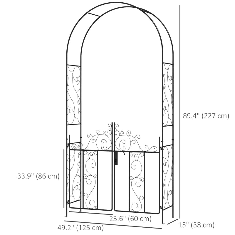 Metal Garden Arch with Gate, Garden Arbor Trellis for Climbing Plants, Roses, Vines, Wedding Arch, Black Multi Market World Inc.