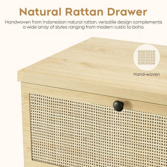 6 Drawer Rattan Dresser for Bedroom, 47" Boho Wide Chest of Drawers with Natural Hand-Woven Rattan Doors (fd) Multi Market World Inc.
