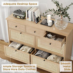 7 Drawer Rattan Dresser for Bedroom, 47" Boho Wide Chest of Drawers with Natural Hand-Woven Rattan Doors (fd) Multi Market World Inc.