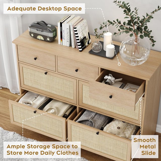 7 Drawer Rattan Dresser for Bedroom, 47" Boho Wide Chest of Drawers with Natural Hand-Woven Rattan Doors (fd) Multi Market World Inc.