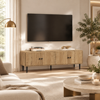 65" Modern Natural Oak TV Stand Console with 4 Cabinet Doors for TVs up to 70" Multi Market World Inc.