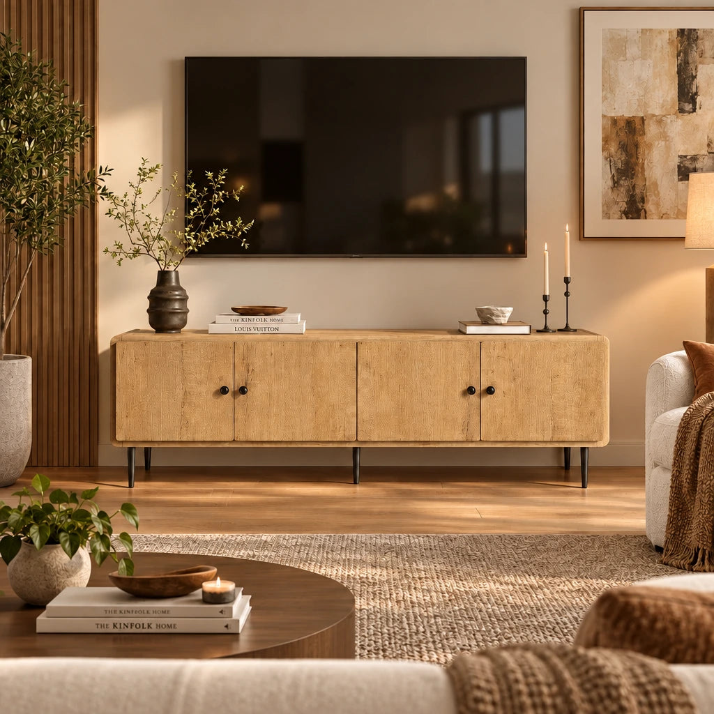 Wooden sideboard in a room with a large abstract painting on the wall.