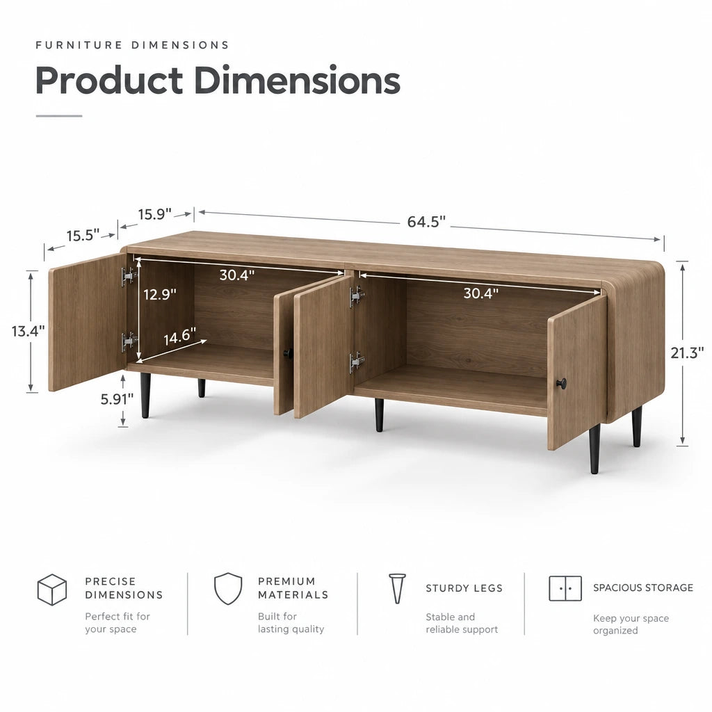 Wooden sideboard with dimensions labeled on a white background