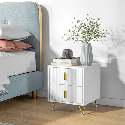 Bedside Table, Modern Nightstand with 2 Drawers, Side End Table with Metal Legs for Living Room, Bedroom, White