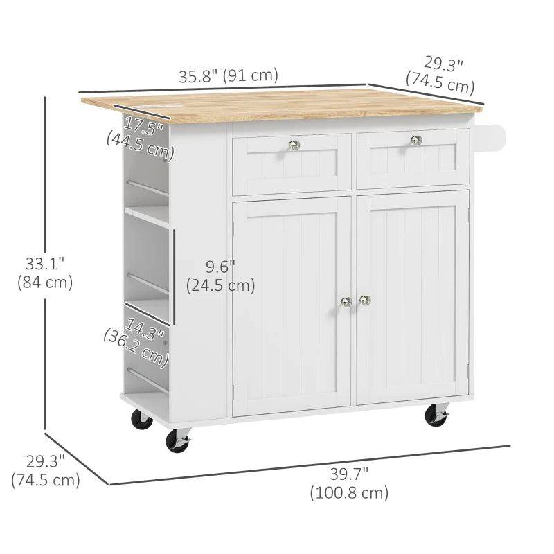 Kitchen Island with Power Outlet and Drop Leaf, Rolling Kitchen Cart with 2 Drawers and Adjustable Shelves, White Multi Market World Inc.