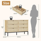 6 Drawer Rattan Dresser for Bedroom, 47" Boho Wide Chest of Drawers with Natural Hand-Woven Rattan Doors (fd) Multi Market World Inc.