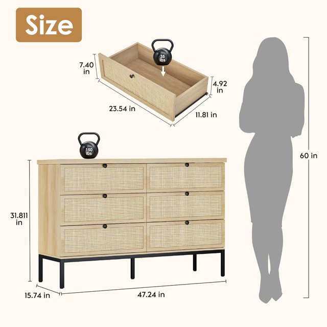 6 Drawer Rattan Dresser for Bedroom, 47" Boho Wide Chest of Drawers with Natural Hand-Woven Rattan Doors (fd) Multi Market World Inc.