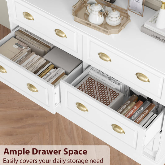 6 Drawer White Double Dresser for Bedroom, Gold Handle Drawer Chest Wood Storage Cabinet for Living Room, White