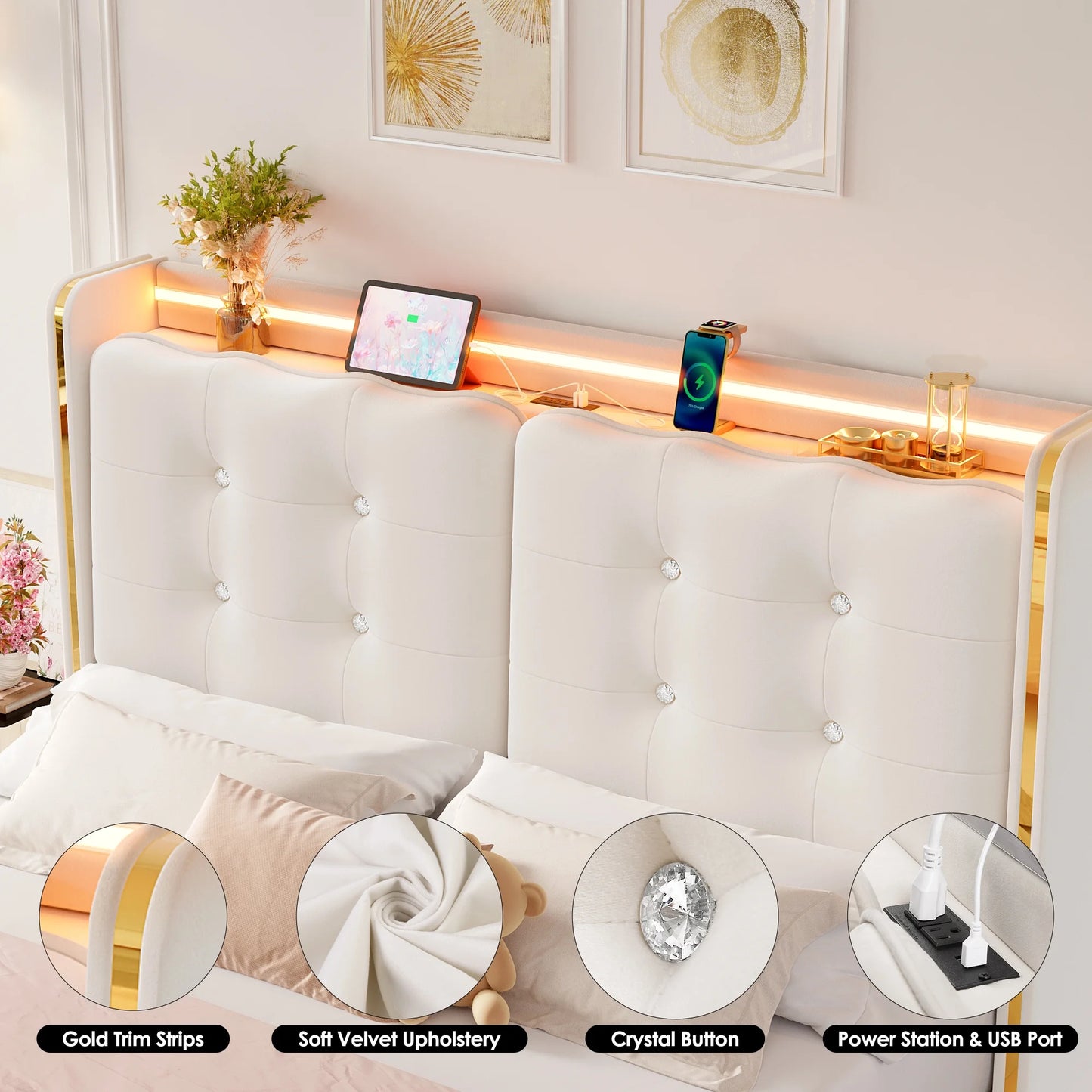 Queen Size LED Bed Frame with Drawer, Velvet Crystal Button Upholstered Platform Bed Frame with Outlets and USB Ports & Display Platform, No Box Spring Needed, Beige