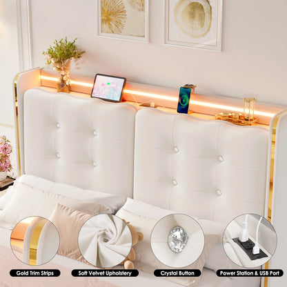 Queen Size LED Bed Frame with Drawer, Velvet Crystal Button Upholstered Platform Bed Frame with Outlets and USB Ports & Display Platform, No Box Spring Needed, Beige