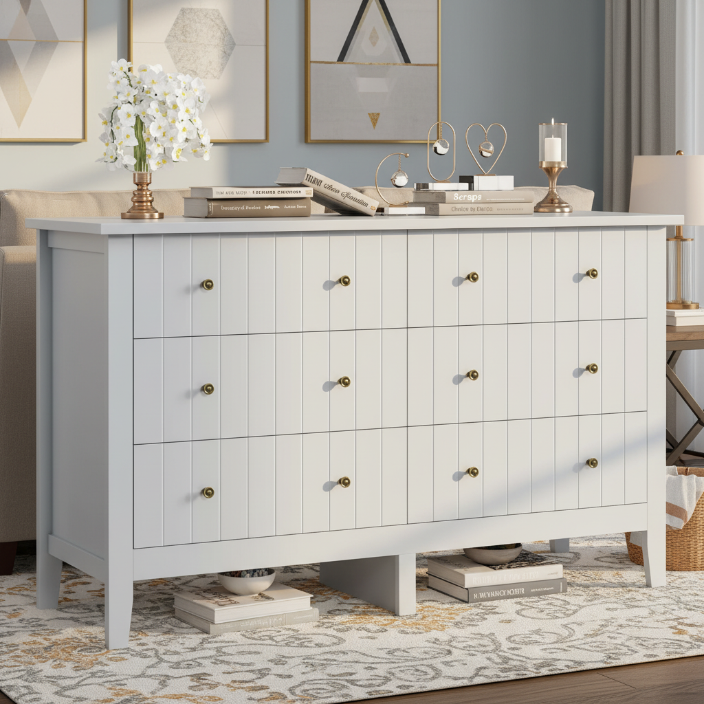 6-Drawer Dresser, Chest of Drawers with Round Handle, Bedroom Storage Cabinet, Light Grey Multi Market World Inc.