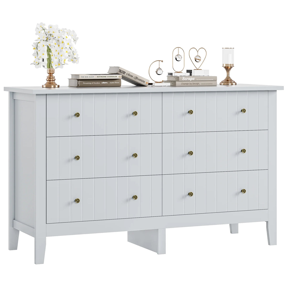 6-Drawer Dresser, Chest of Drawers with Round Handle, Bedroom Storage Cabinet, Light Grey Multi Market World Inc.