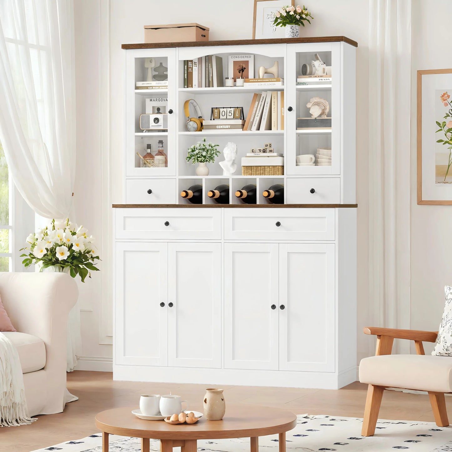 70.9'' Kitchen Pantry Cabinet, Freestanding Cupboard with Removable Wine Rack and Shelves, for Living Dining Room, White