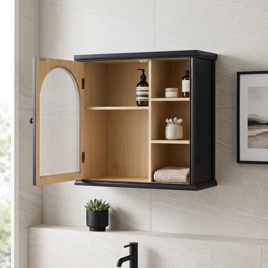 Black bathroom wall cabinet with arched glass door open showing natural wood interior shelves