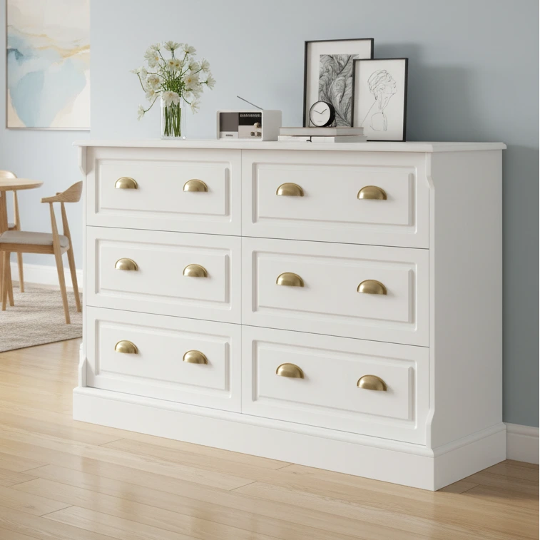6 Drawer White Double Dresser for Bedroom, Gold Handle Drawer Chest Wood Storage Cabinet for Living Room, White Multi Market World Inc.