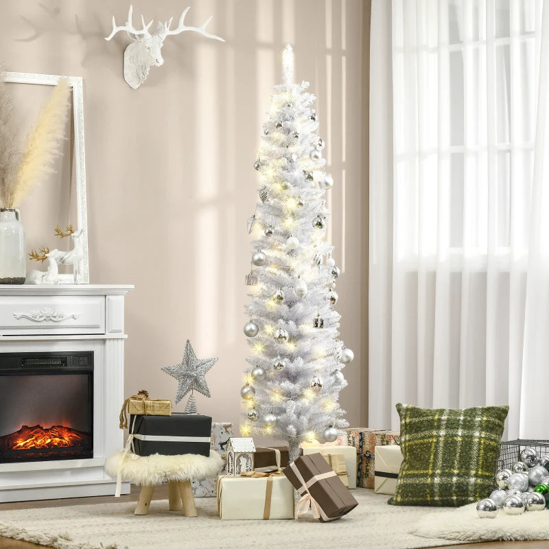 6ft Tall Prelit Pencil Artificial Christmas Tree, Holiday Décor with 395 Realistic Branches, 100 LED Lights, Foldable Metal Base, White
