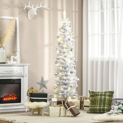 6ft Tall Prelit Pencil Artificial Christmas Tree, Holiday Décor with 395 Realistic Branches, 100 LED Lights, Foldable Metal Base, White
