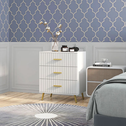 3 Drawer Cabinet, Drawer Chest for Bedroom, Chest of Drawers with Aluminium Legs and Gold Handles, White