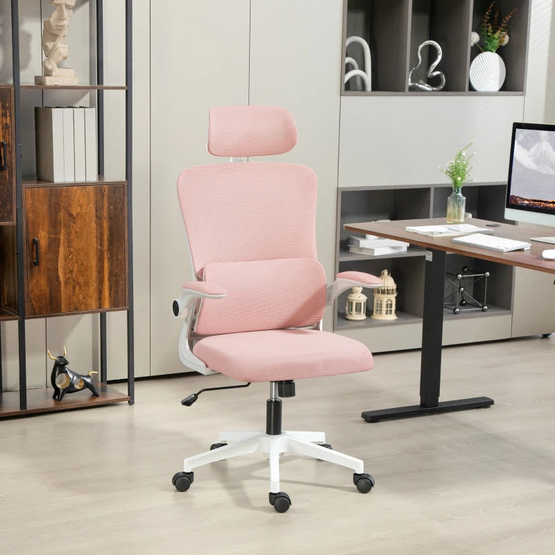High Back Office Chair, Mesh Computer Desk Chair with Rotatable Headrest, Lumbar Back Support, Adjustable Height, Pink Multi Market World Inc.