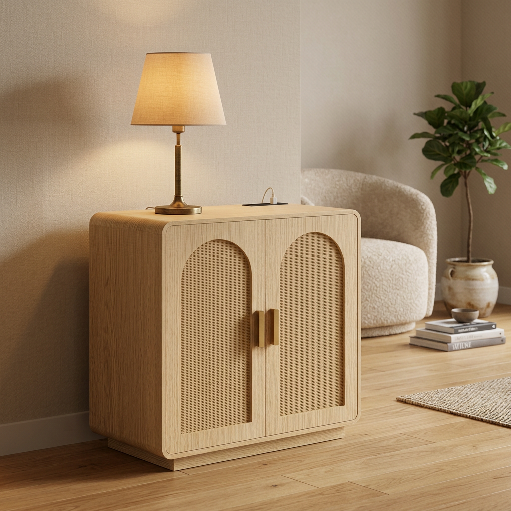 31.4 inch light oak rattan cabinet with table lamp plugged into the built-in charging station, used as a nightstand