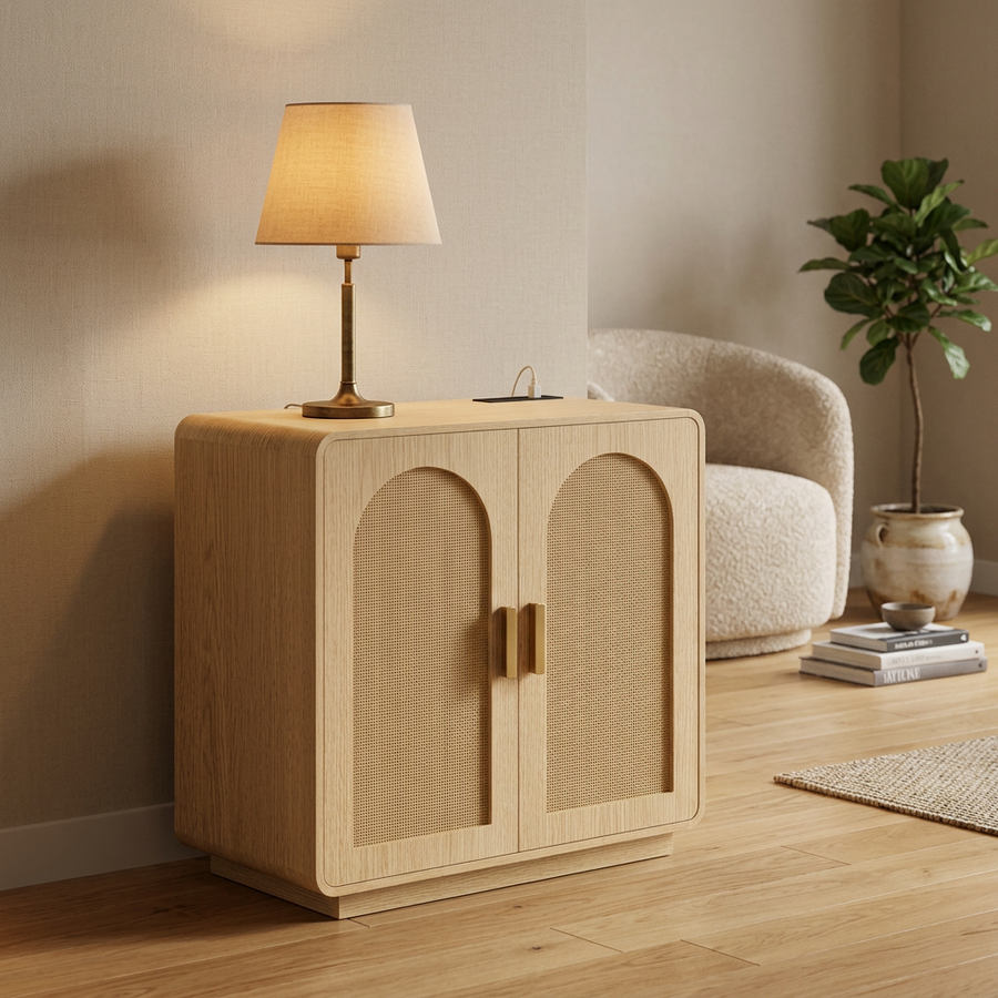 31.4 inch light oak rattan cabinet with table lamp plugged into the built-in charging station, used as a nightstand