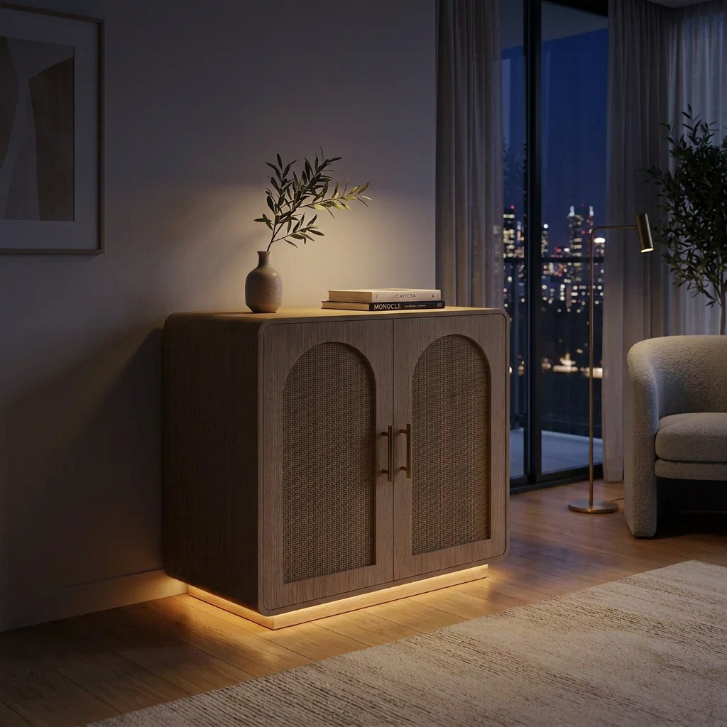Rattan storage cabinet at night with warm LED light glowing under the base