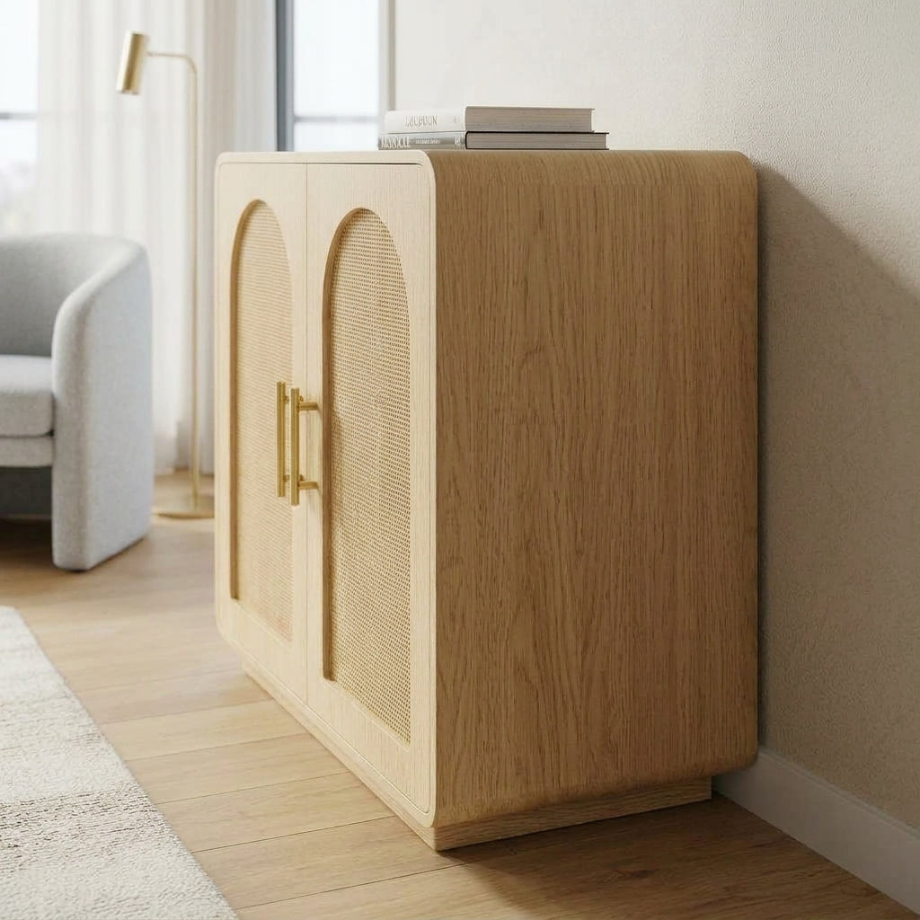 Side view of light oak cabinet with arched rattan doors and rounded wood-grain edges