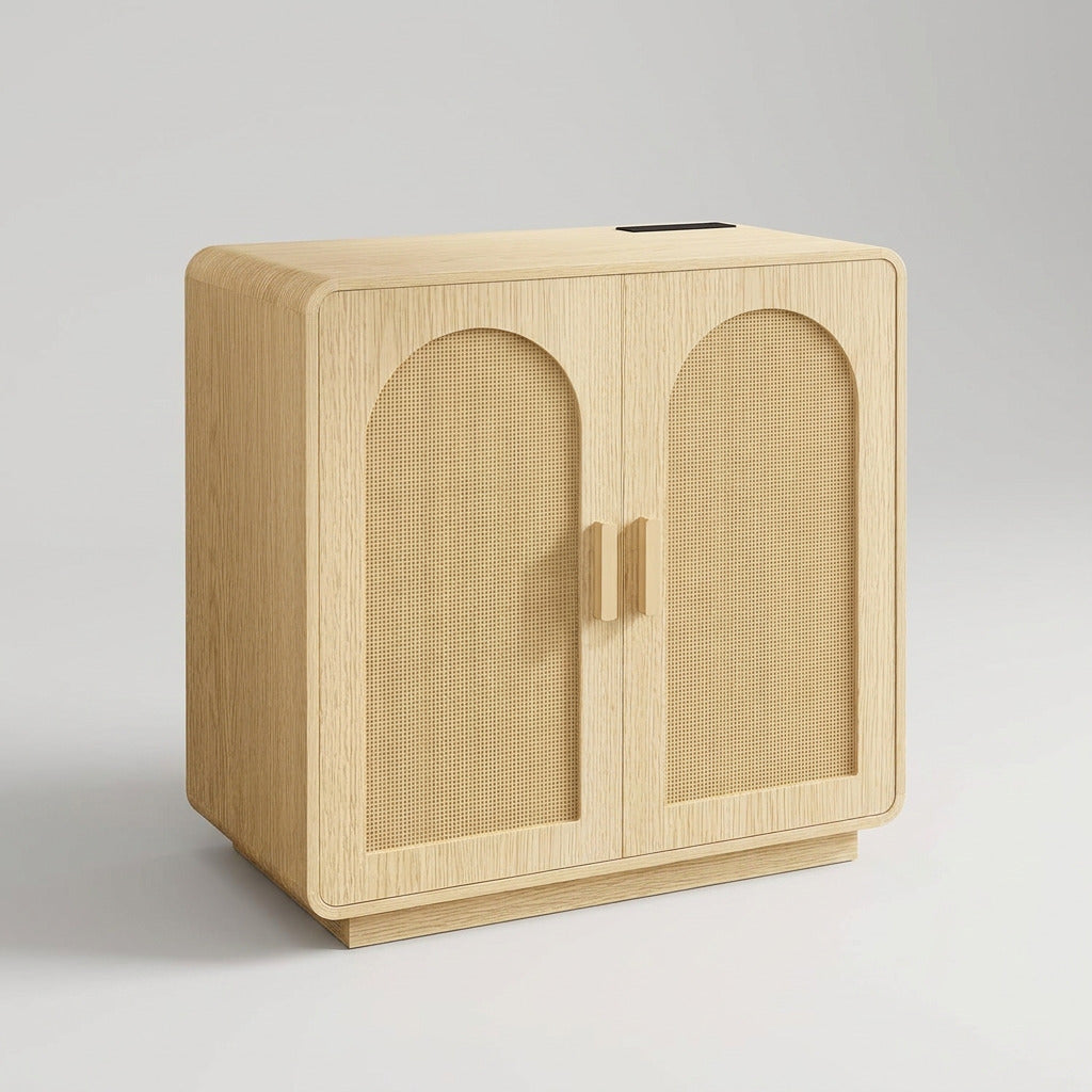 31.4 inch light oak cabinet with two arched woven rattan doors and charging strip on top