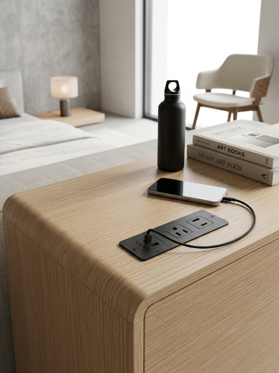 Built-in charging station on cabinet top with 2 AC outlets, USB-A and USB-C charging a phone