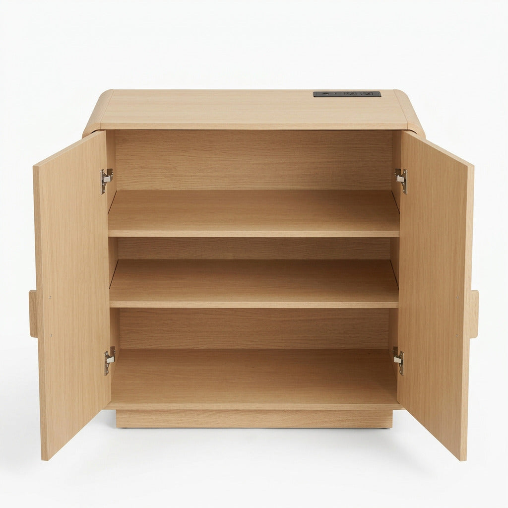 Rattan storage cabinet with both doors open showing adjustable interior shelves