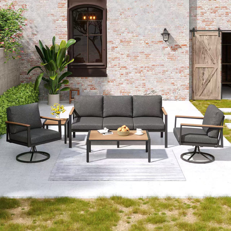 5-Piece Outdoor Patio Furniture Set with 360° Swivel Rocker Chairs, 3-Person Sofa, and 2 Coffee Tables – Gray Wicker Lounge Set with 4" Thick Cushions Multi Market World Inc.