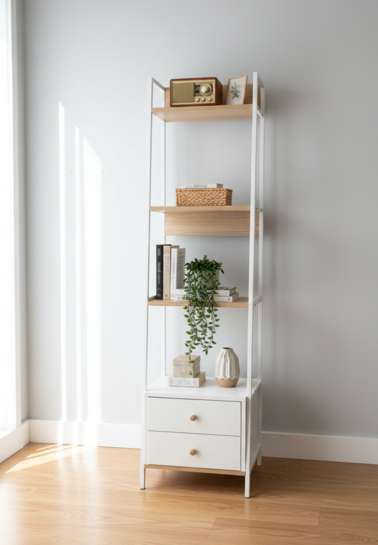 5 Tiers Metal Bookshelf,Free Standing Industrial Ladder Shelf with 2 Storage Drawers Multi Market World Inc.