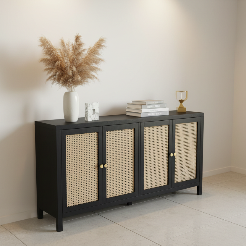 57.87" Modern Woven Cane 3-Door Sideboard Cabinet with Adjustable Storage Shelves Multi Market World Inc.