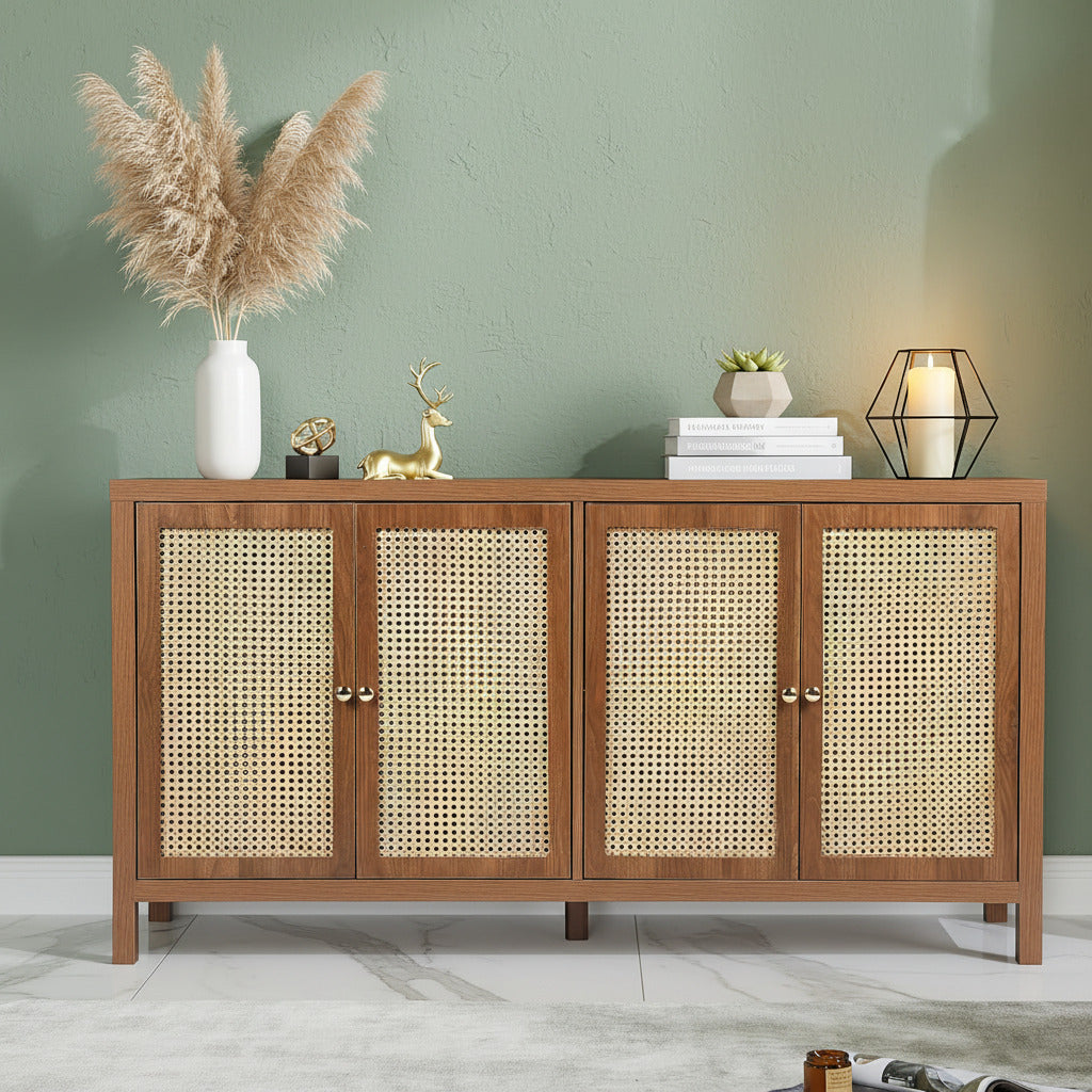 57.87" Modern Woven Cane 3-Door Sideboard Cabinet with Adjustable Storage Shelves Multi Market World Inc.