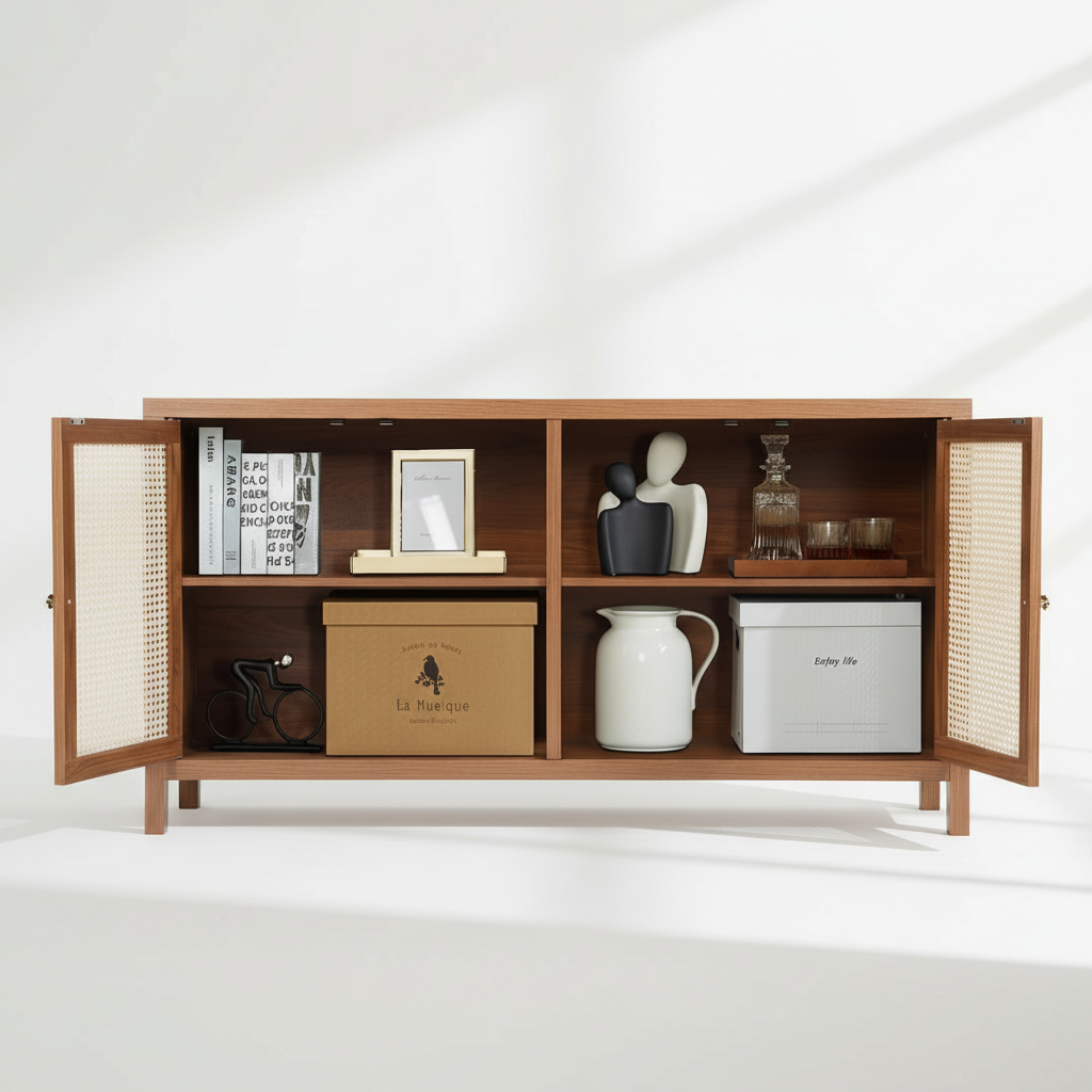 57.87" Modern Woven Cane 3-Door Sideboard Cabinet with Adjustable Storage Shelves Multi Market World Inc.