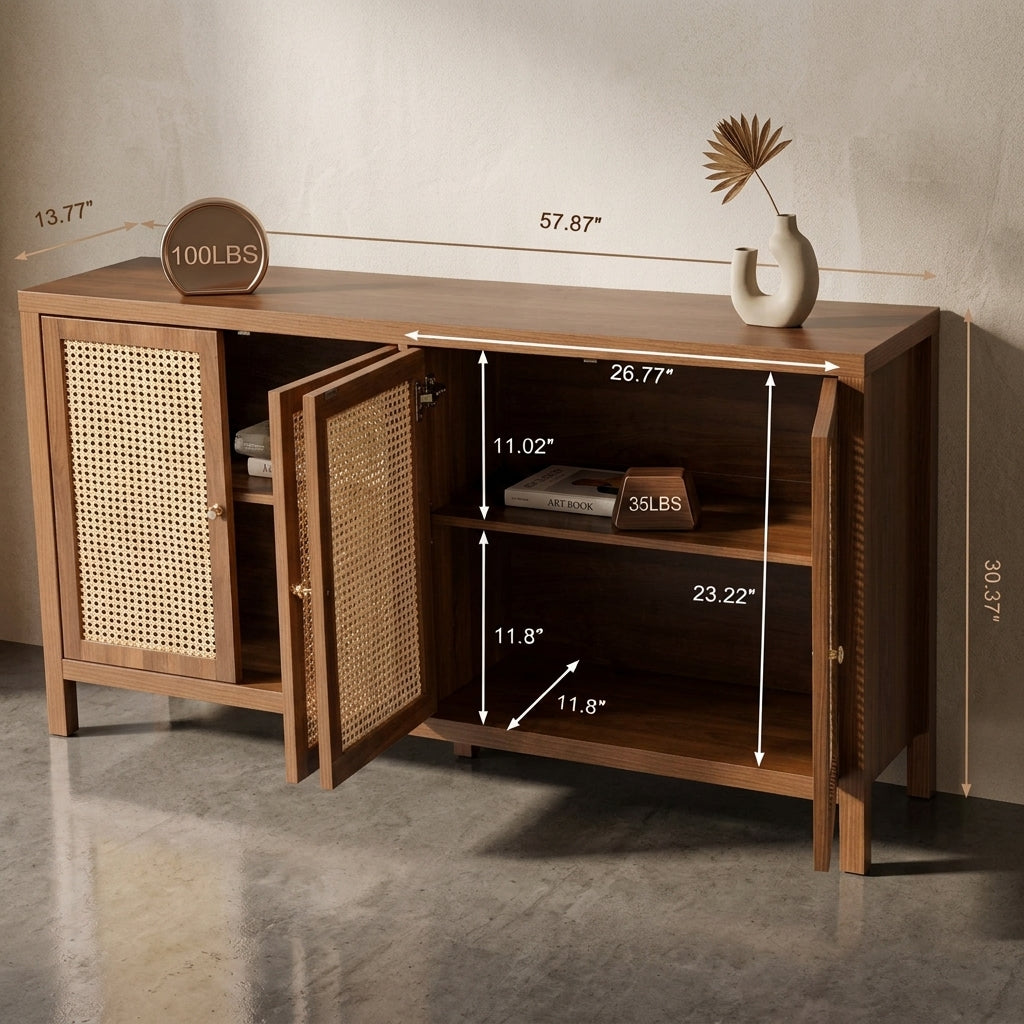 57.87" Modern Woven Cane 3-Door Sideboard Cabinet with Adjustable Storage Shelves Multi Market World Inc.