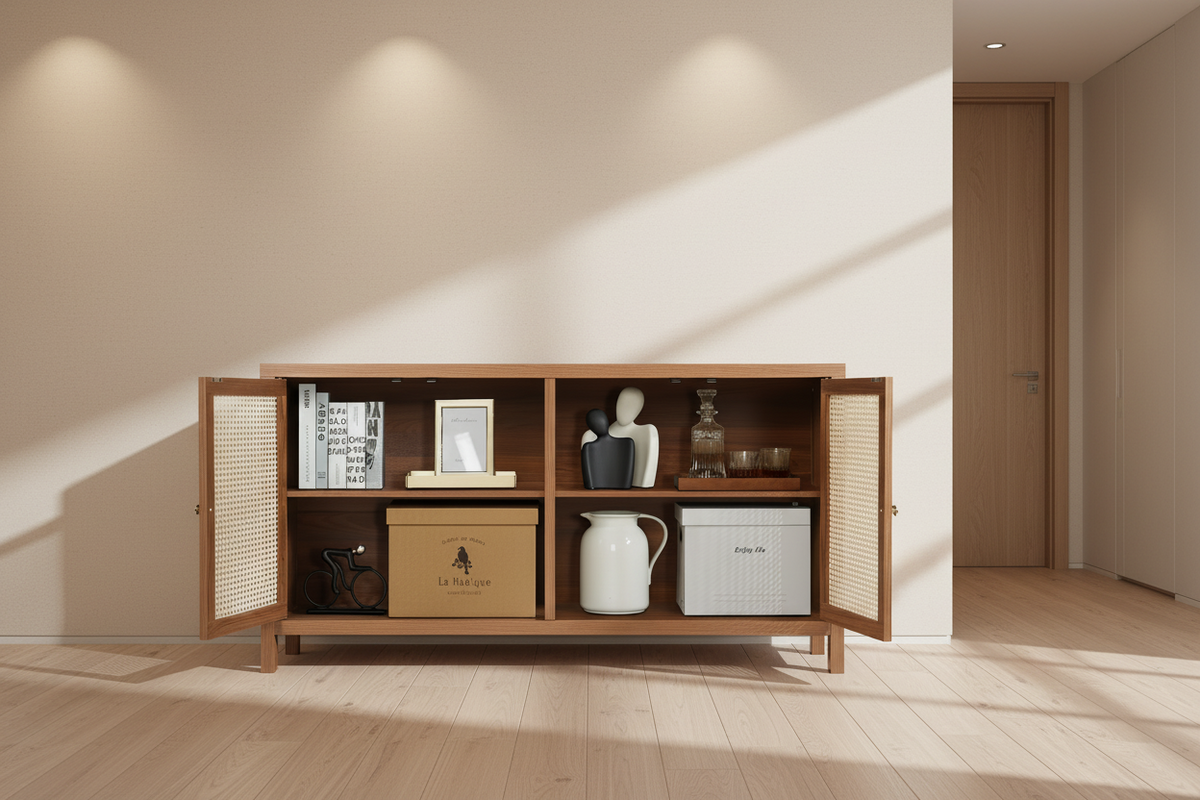 57.87" Modern Woven Cane 3-Door Sideboard Cabinet with Adjustable Storage Shelves Multi Market World Inc.