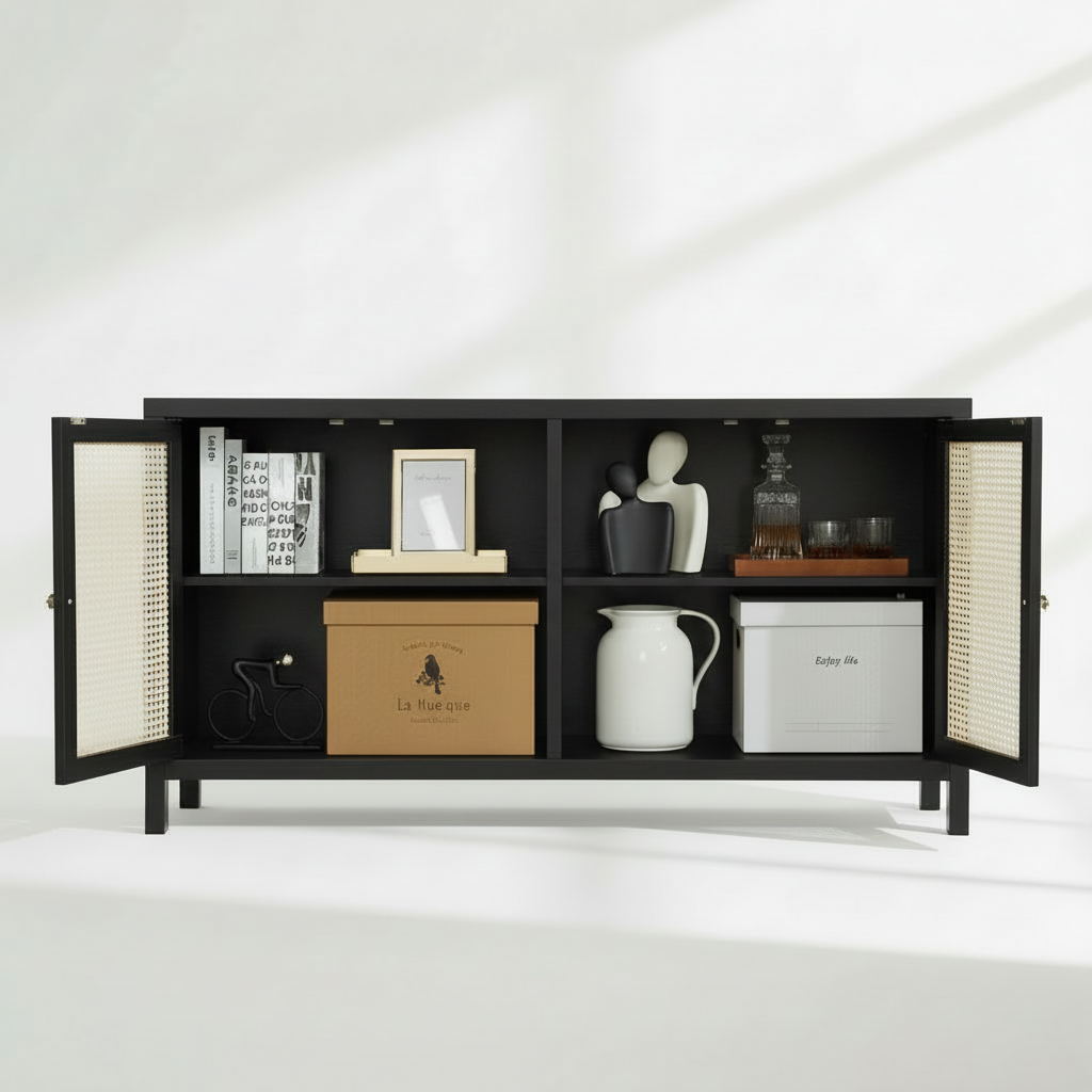 57.87" Modern Woven Cane 3-Door Sideboard Cabinet with Adjustable Storage Shelves Multi Market World Inc.