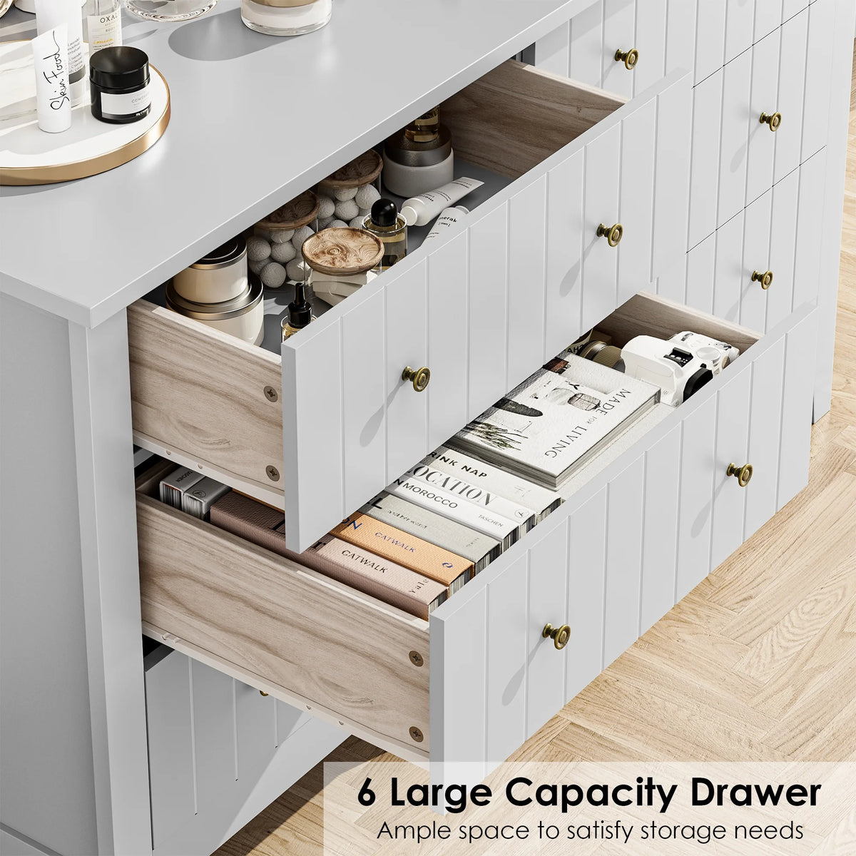 6-Drawer Dresser, Chest of Drawers with Round Handle, Bedroom Storage Cabinet, Light Grey Multi Market World Inc.