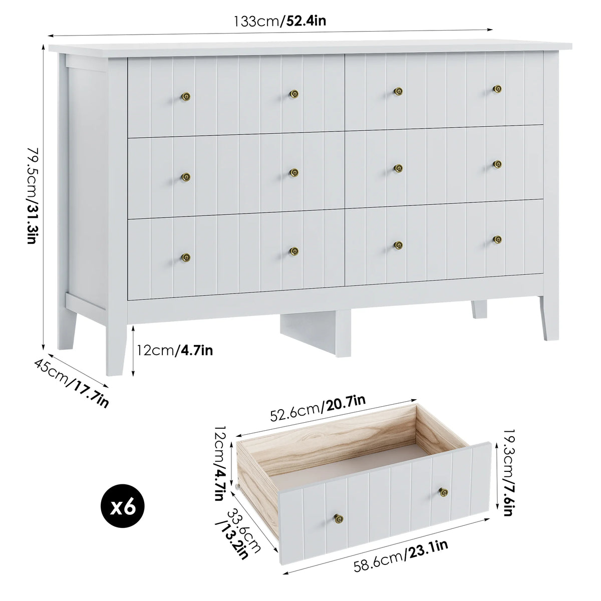 6-Drawer Dresser, Chest of Drawers with Round Handle, Bedroom Storage Cabinet, Light Grey Multi Market World Inc.