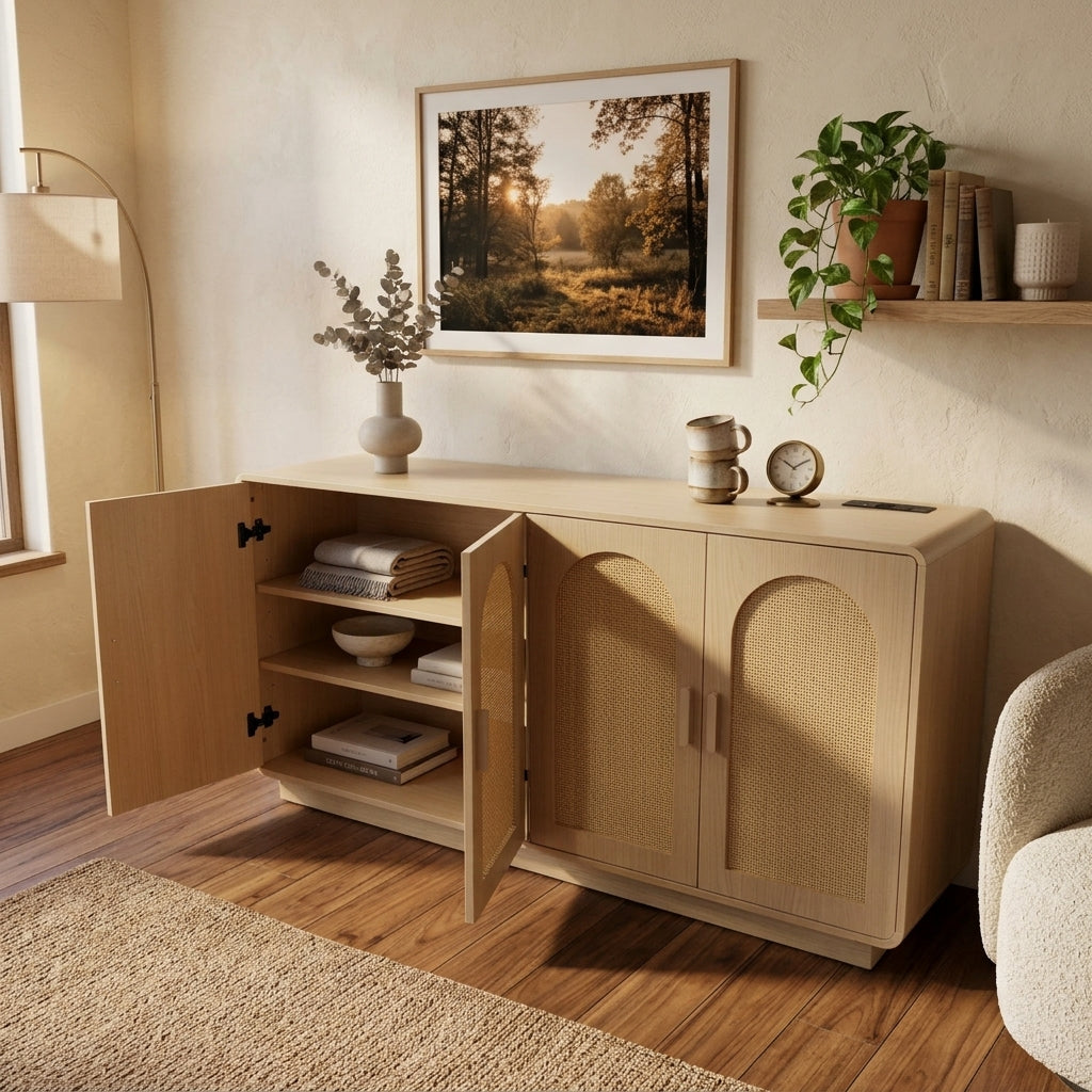Light oak 4-door rattan sideboard with two doors open showing shelves with books, plates and towels
