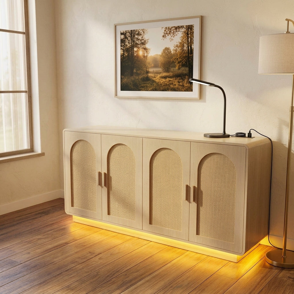 Arched rattan sideboard with warm LED light glowing under the base and a desk lamp plugged into the charging station