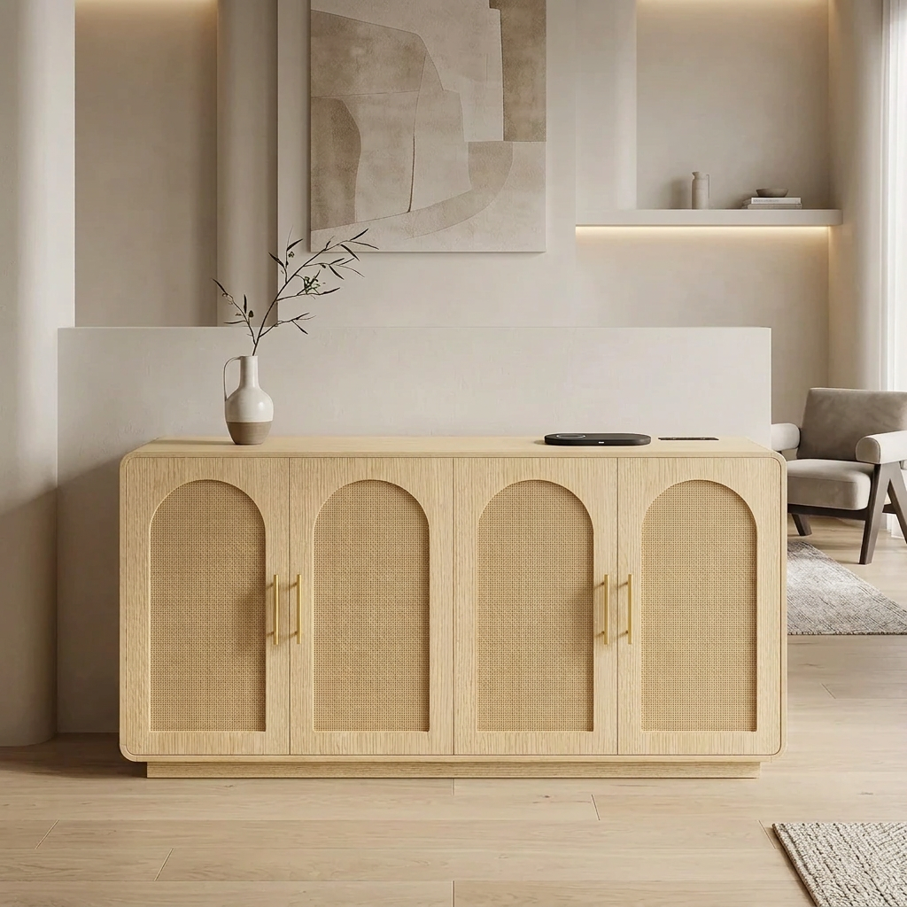 61.7 inch light oak sideboard with four arched woven rattan doors in a modern living room