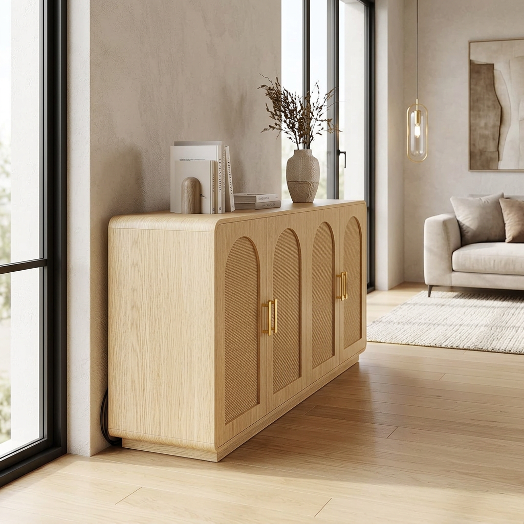 Side view of arched 4-door rattan sideboard with rounded edges next to a window